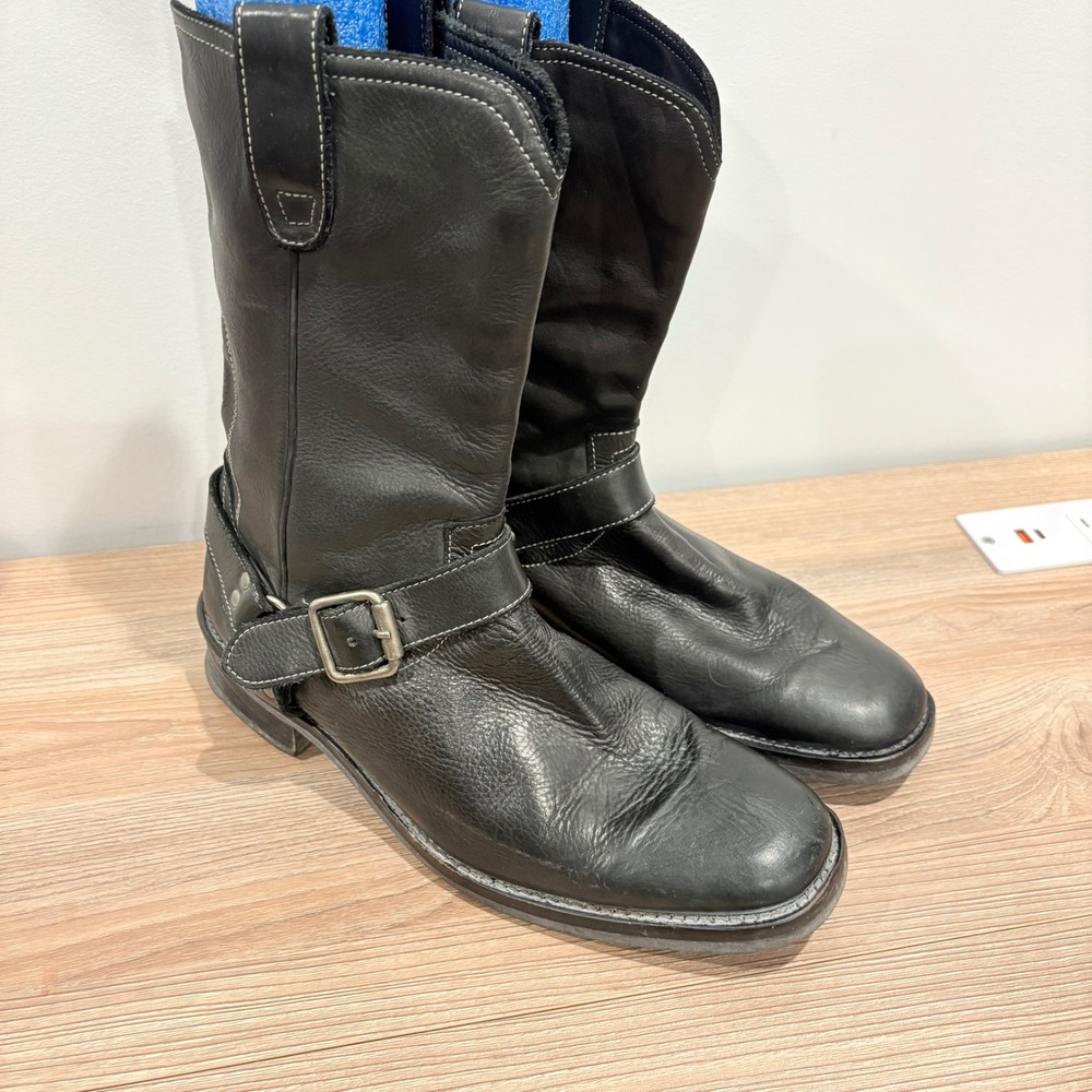 John Varvatos Harness Motorcycle Boots Men Black 9.5 Leather Buckle Detail